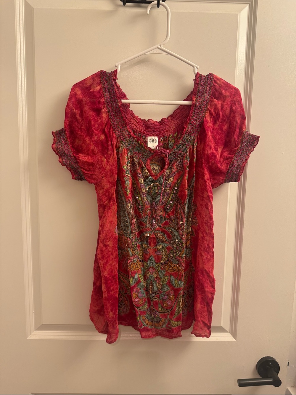 Bila Red Paisley Embellished Beaded Scoop-Neck Tunic